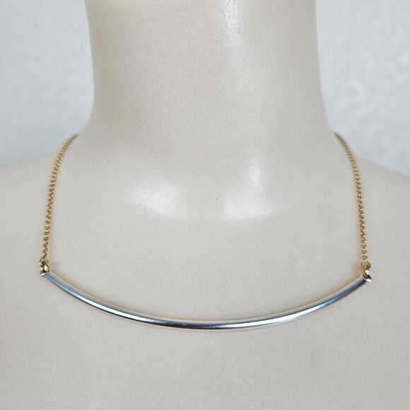 J Crew Necklace Choker Curved Tube Bar Gold Silver 2 Tone Delicate Minimalist - Picture 1 of 11